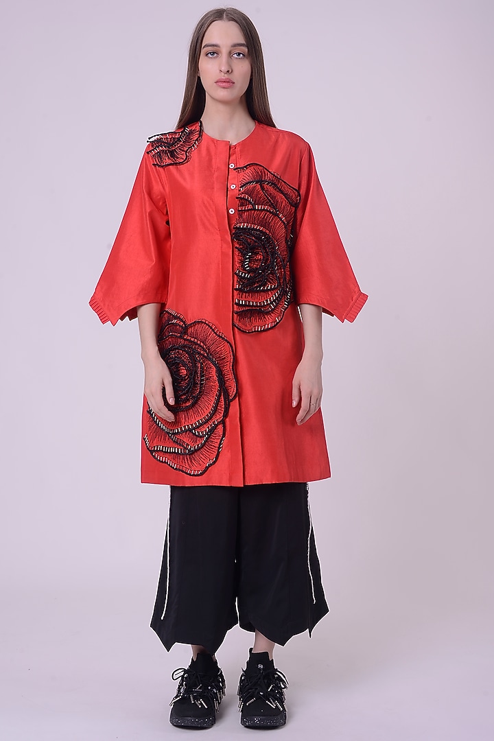 Red Linen Satin Hand & Machine Embroidered Shirt Dress by Nitin Bal Chauhan at Pernia's Pop Up Shop