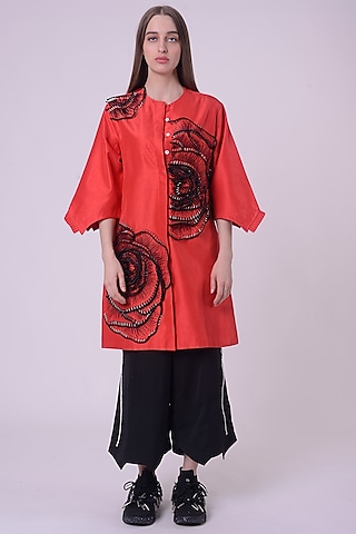 Red Linen Satin Hand & Machine Embroidered Shirt Dress by Nitin Bal Chauhan