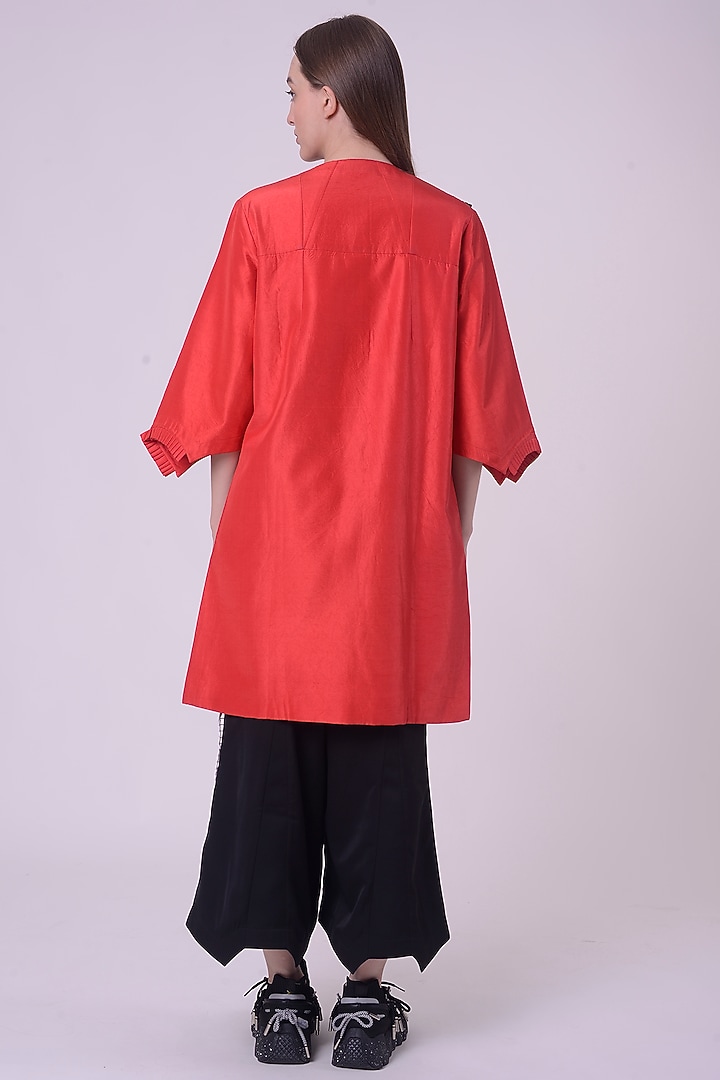 Red Linen Satin Hand & Machine Embroidered Shirt Dress by Nitin Bal Chauhan at Pernia's Pop Up Shop