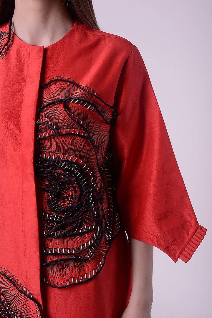 Red Linen Satin Hand & Machine Embroidered Shirt Dress by Nitin Bal Chauhan at Pernia's Pop Up Shop