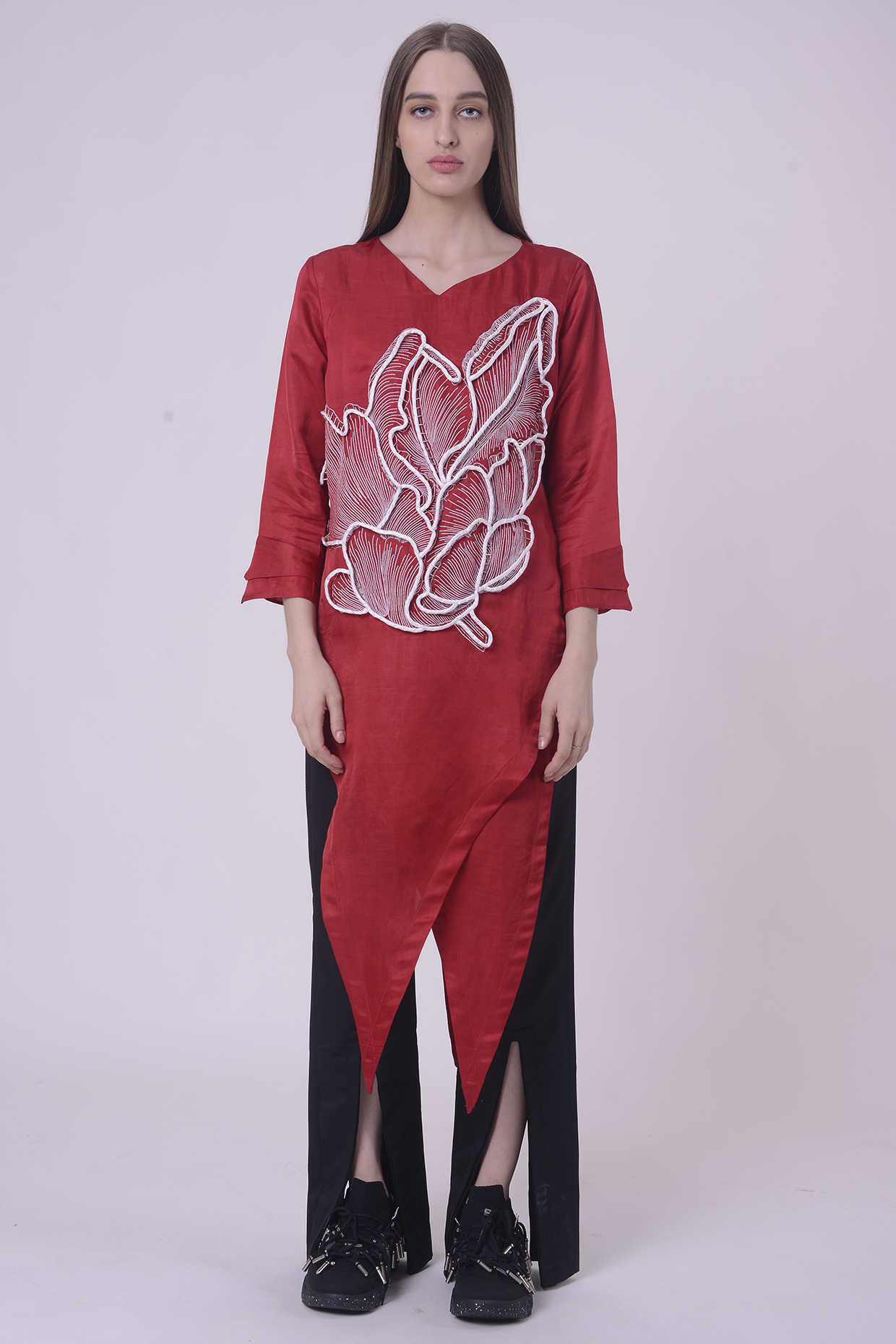 Red Linen Satin Hand & Machine Embroidered Tunic by Nitin Bal Chauhan at Pernia's Pop Up Shop