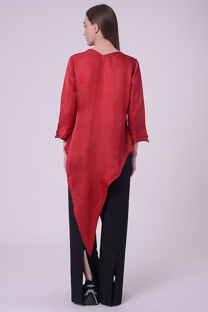 Red Linen Satin Hand & Machine Embroidered Tunic by Nitin Bal Chauhan at Pernia's Pop Up Shop
