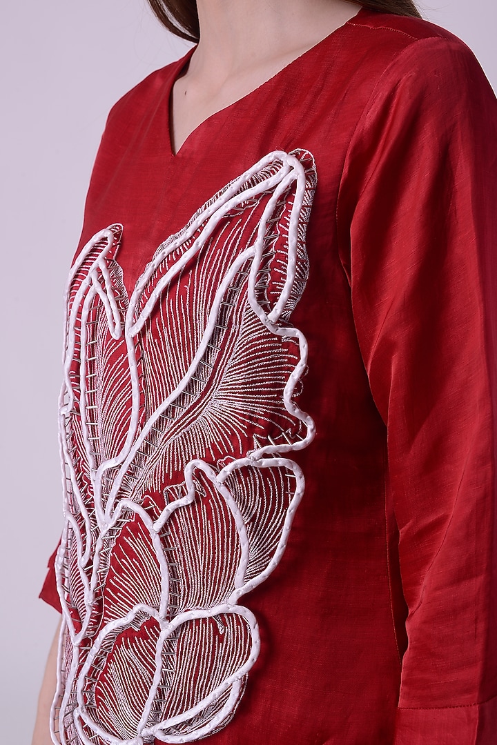 Red Linen Satin Hand & Machine Embroidered Tunic by Nitin Bal Chauhan at Pernia's Pop Up Shop