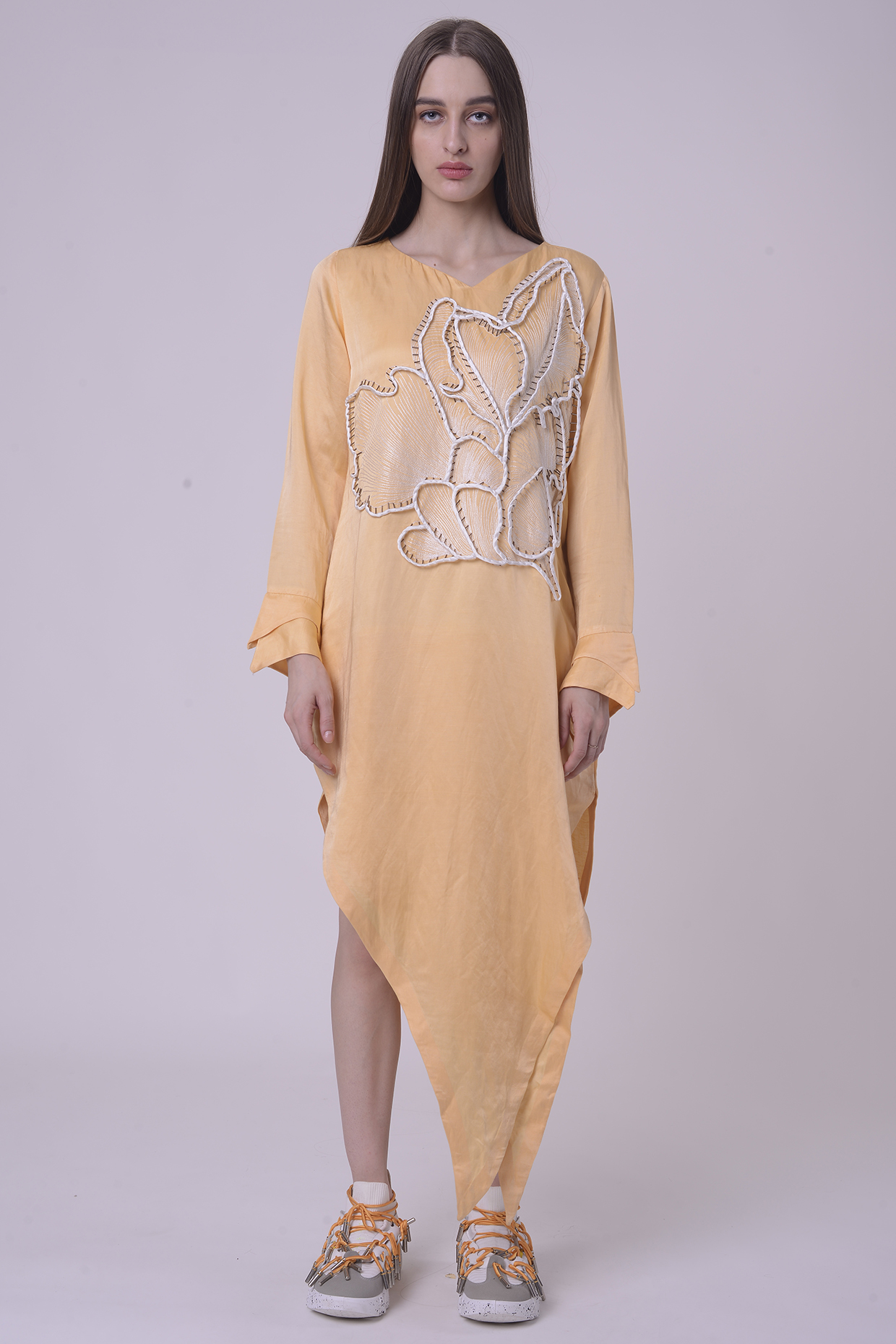 Lemon Fuzz Linen Satin Hand & Machine Embroidered Tunic by Nitin Bal Chauhan at Pernia's Pop Up Shop