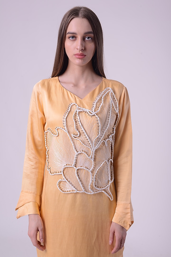 Lemon Fuzz Linen Satin Hand & Machine Embroidered Tunic by Nitin Bal Chauhan at Pernia's Pop Up Shop