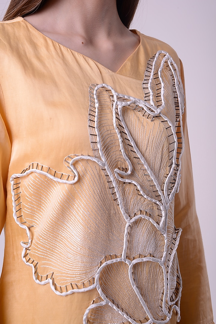 Lemon Fuzz Linen Satin Hand & Machine Embroidered Tunic by Nitin Bal Chauhan at Pernia's Pop Up Shop