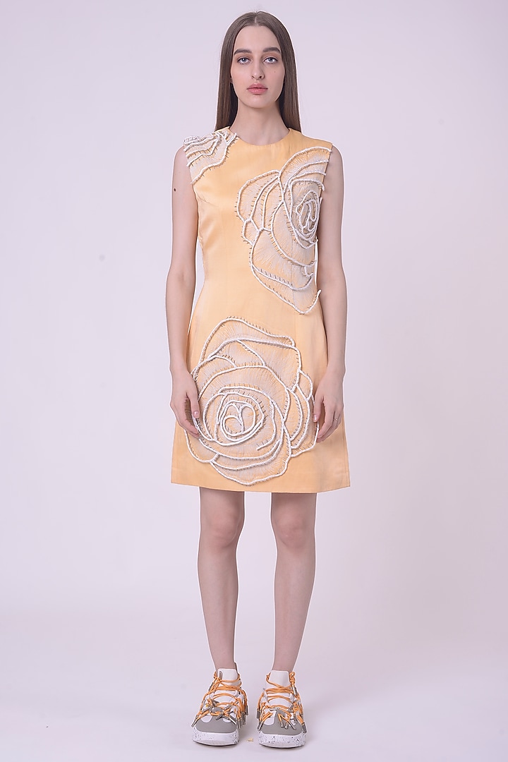Lemon Fuzz Linen Satin Hand & Machine Embroidered Mini Cocktail Dress by Nitin Bal Chauhan at Pernia's Pop Up Shop