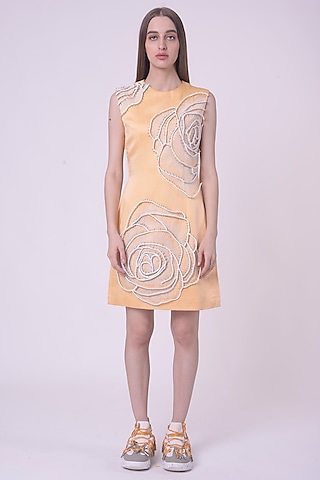 Lemon Fuzz Linen Satin Hand & Machine Embroidered Mini Dress by Nitin Bal Chauhan