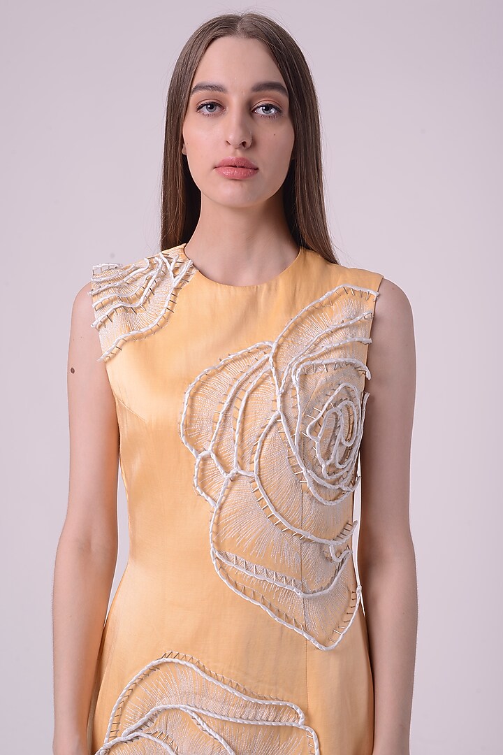 Lemon Fuzz Linen Satin Hand & Machine Embroidered Mini Cocktail Dress by Nitin Bal Chauhan at Pernia's Pop Up Shop