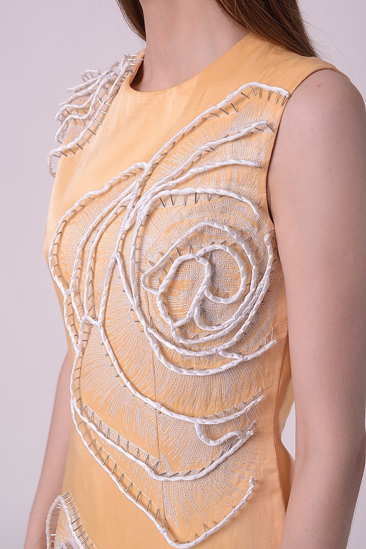 Lemon Fuzz Linen Satin Hand & Machine Embroidered Mini Cocktail Dress by Nitin Bal Chauhan at Pernia's Pop Up Shop