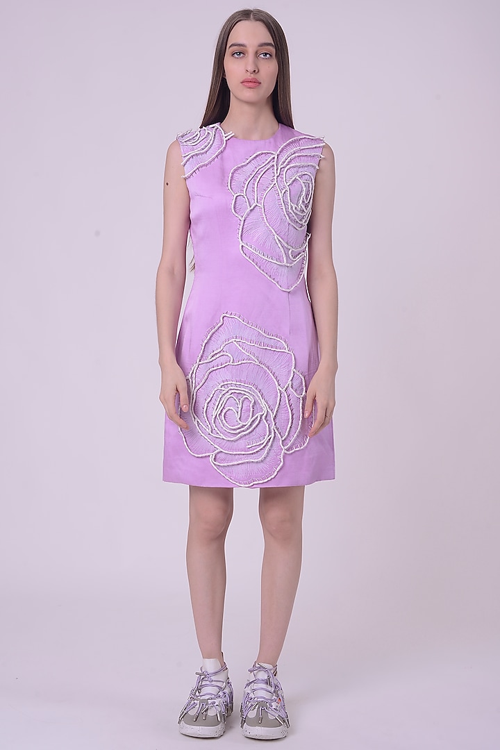 Lavender Fuzz Linen Satin Hand & Machine Embroidered Mini Cocktail Dress by Nitin Bal Chauhan at Pernia's Pop Up Shop