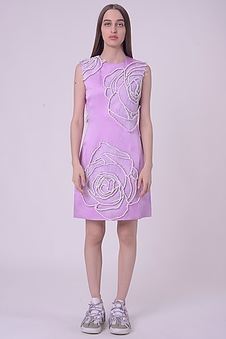 Lavender Fuzz Linen Satin Hand & Machine Embroidered Mini Dress by Nitin Bal Chauhan