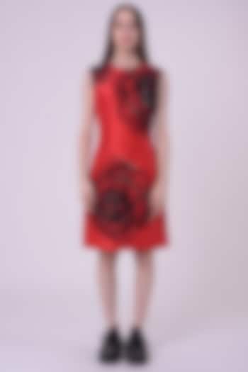 Red Linen Satin Hand & Machine Embroidered Mini Cocktail Dress by Nitin Bal Chauhan at Pernia's Pop Up Shop