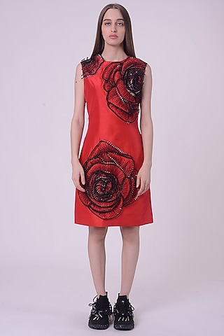 Red Linen Satin Hand & Machine Embroidered Mini Dress by Nitin Bal Chauhan
