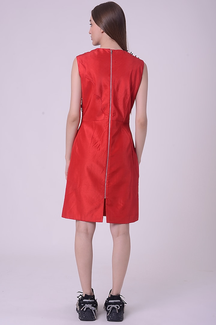 Red Linen Satin Hand & Machine Embroidered Mini Cocktail Dress by Nitin Bal Chauhan at Pernia's Pop Up Shop