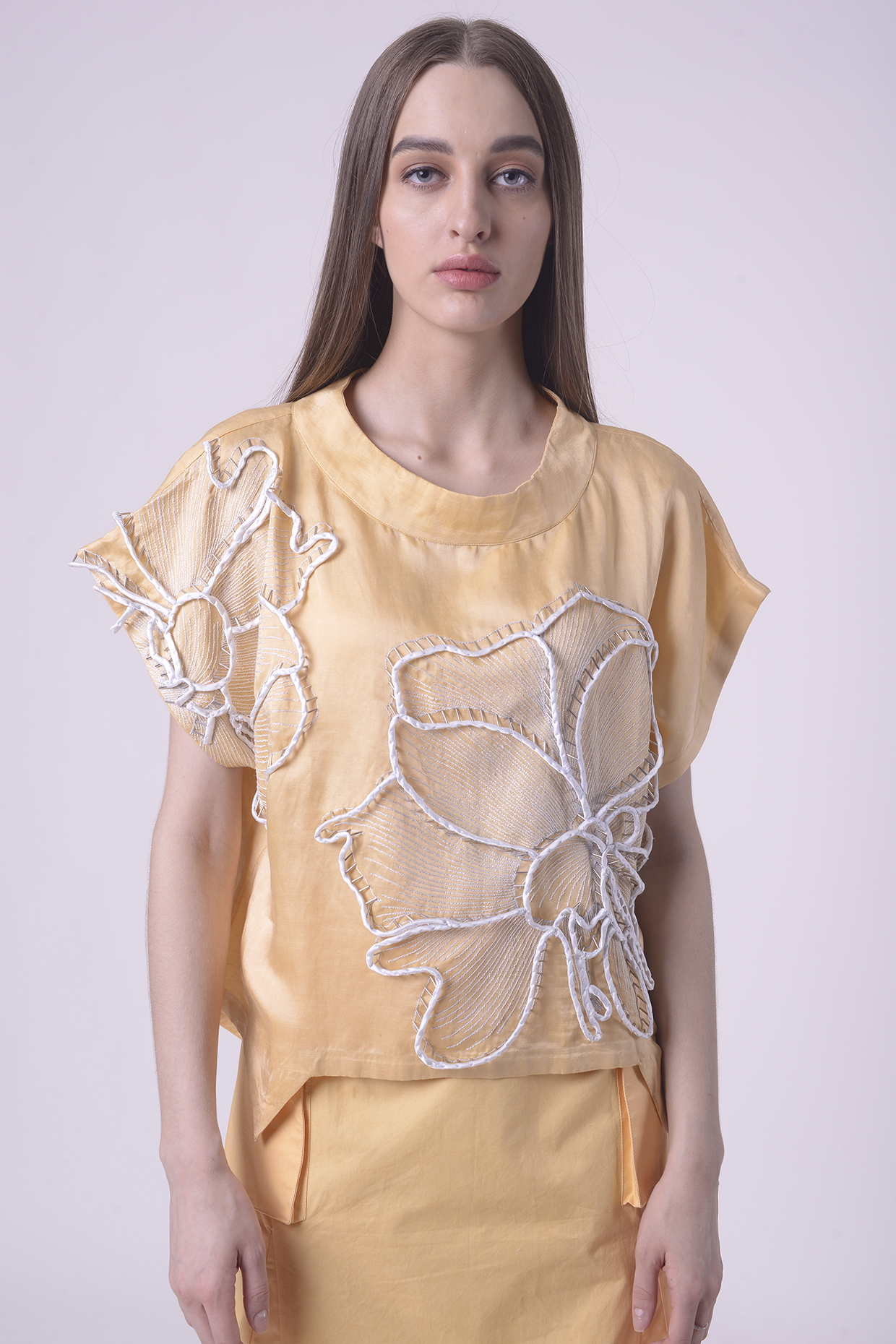 Lemon Fuzz Linen Satin Hand & Machine Embroidered Top by Nitin Bal Chauhan at Pernia's Pop Up Shop