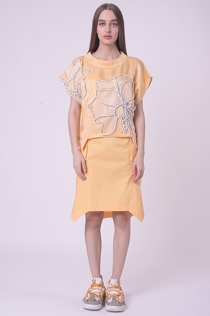 Lemon Fuzz Linen Satin Hand & Machine Embroidered Top by Nitin Bal Chauhan at Pernia's Pop Up Shop