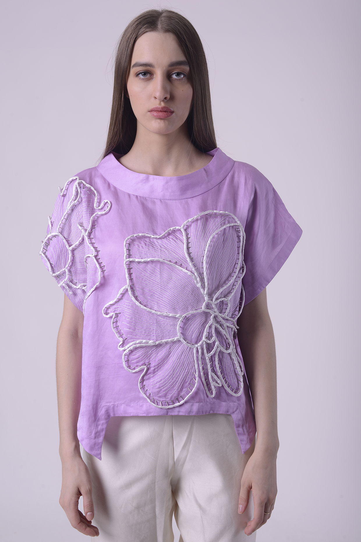 Lavender Fuzz Linen Satin Hand & Machine Embroidered Top by Nitin Bal Chauhan at Pernia's Pop Up Shop