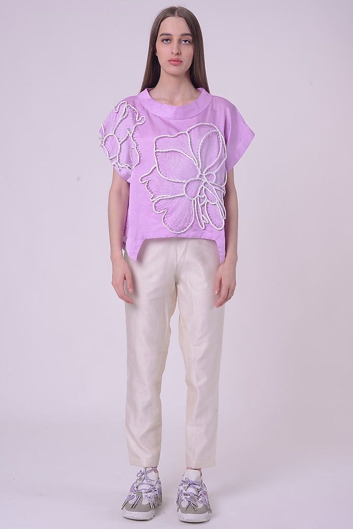 Lavender Fuzz Linen Satin Hand & Machine Embroidered Top by Nitin Bal Chauhan at Pernia's Pop Up Shop
