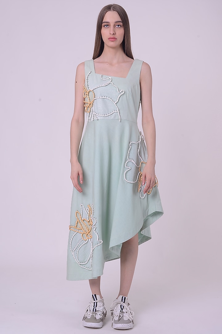 Mint Green Giza Cotton Hand & Machine Embroidered Vacation Dress by Nitin Bal Chauhan at Pernia's Pop Up Shop
