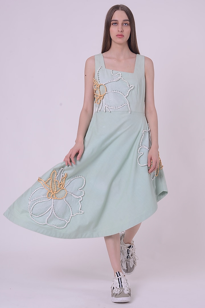 Mint Green Giza Cotton Hand & Machine Embroidered Cocktail Dress by Nitin Bal Chauhan at Pernia's Pop Up Shop