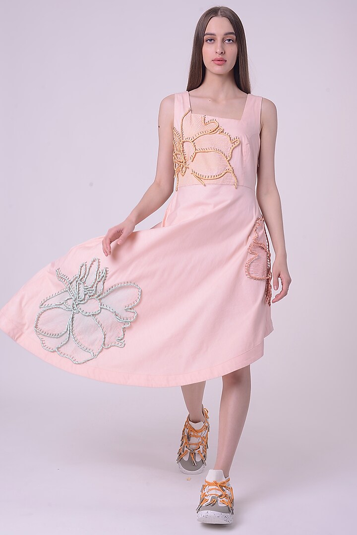 Peach Fuzz Giza Cotton Hand & Machine Embroidered Cocktail Dress by Nitin Bal Chauhan at Pernia's Pop Up Shop