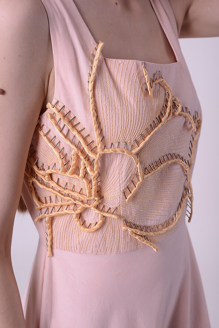 Peach Fuzz Giza Cotton Hand & Machine Embroidered Cocktail Dress by Nitin Bal Chauhan at Pernia's Pop Up Shop