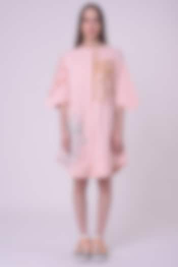 Peach Fuzz Giza Cotton Hand & Machine Embroidered Knee-Length Vacation Dress by Nitin Bal Chauhan at Pernia's Pop Up Shop