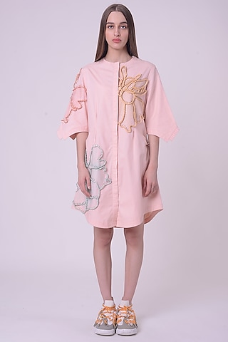Peach Fuzz Giza Cotton Hand & Machine Embroidered Knee-Length Dress by Nitin Bal Chauhan