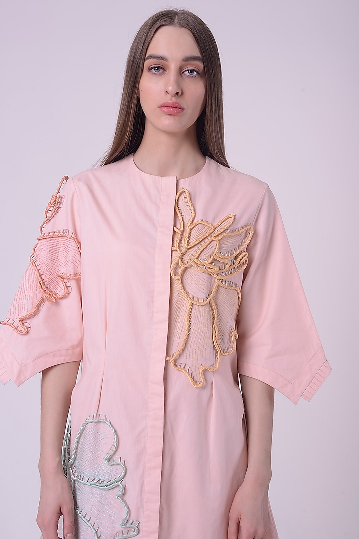Peach Fuzz Giza Cotton Hand & Machine Embroidered Knee-Length Cocktail Dress by Nitin Bal Chauhan at Pernia's Pop Up Shop