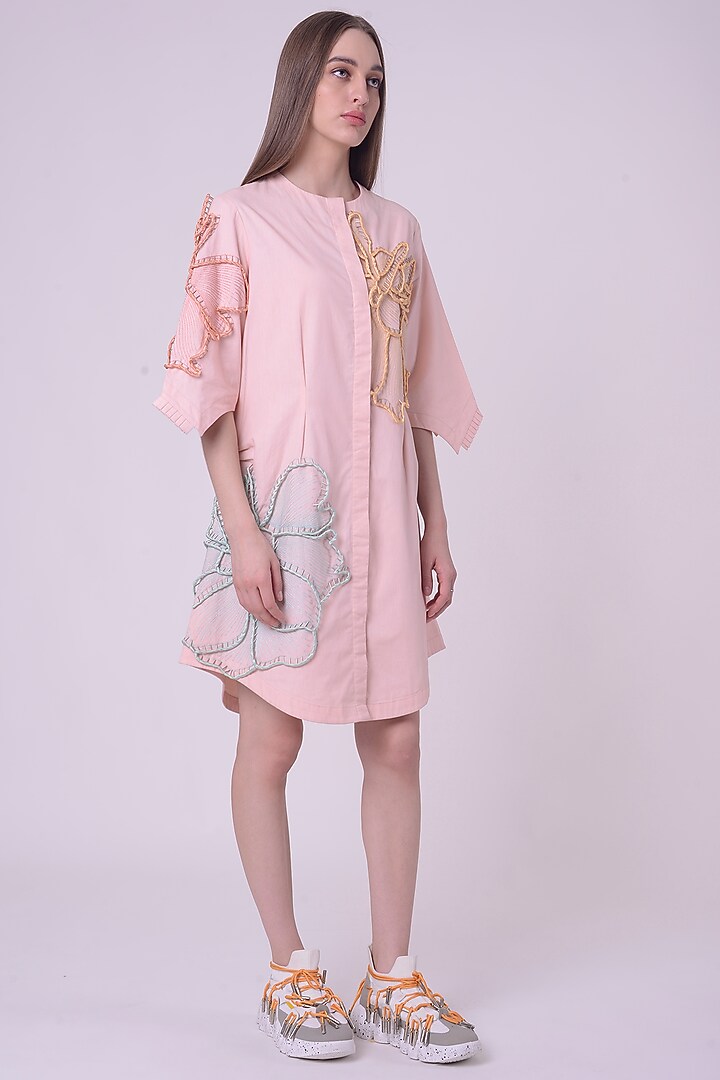 Peach Fuzz Giza Cotton Hand & Machine Embroidered Knee-Length Cocktail Dress by Nitin Bal Chauhan at Pernia's Pop Up Shop