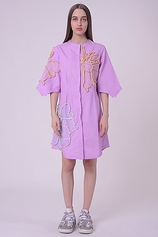 Lavender Fuzz Giza Cotton Hand & Machine Embroidered Knee-Length Dress by Nitin Bal Chauhan