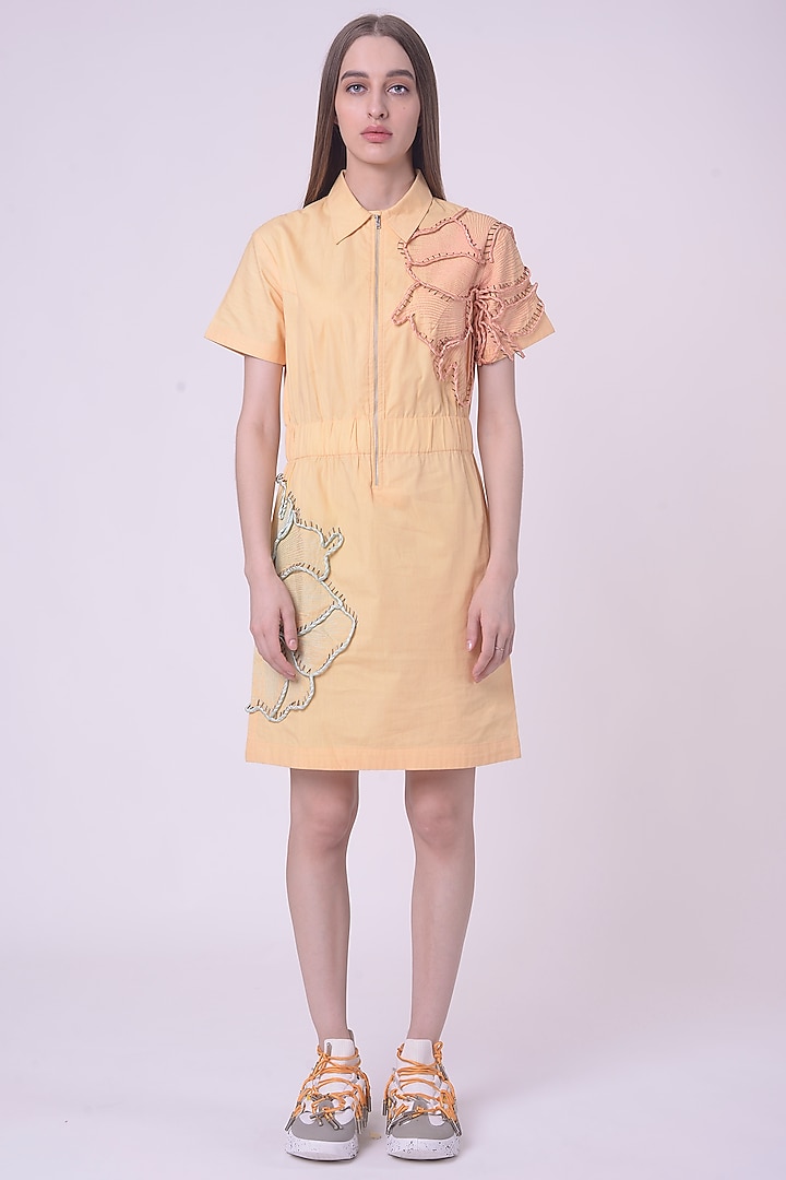 Lemon Fuzz Giza Cotton Hand & Machine Embroidered Knee-Length Vacation Dress by Nitin Bal Chauhan at Pernia's Pop Up Shop