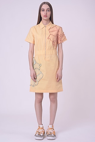 Lemon Fuzz Giza Cotton Hand & Machine Embroidered Knee-Length Dress by Nitin Bal Chauhan