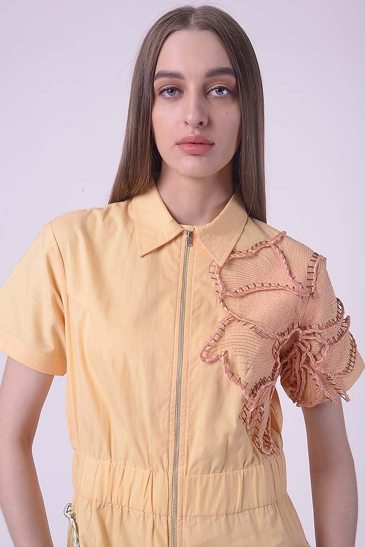 Lemon Fuzz Giza Cotton Hand & Machine Embroidered Knee-Length Vacation Dress by Nitin Bal Chauhan at Pernia's Pop Up Shop