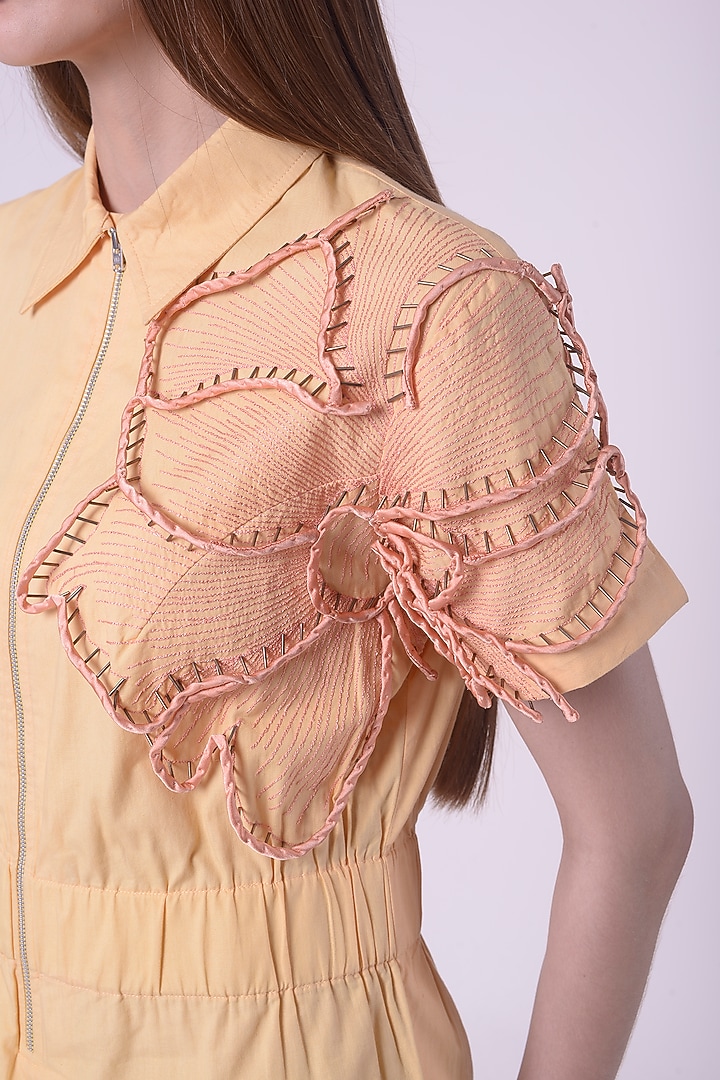 Lemon Fuzz Giza Cotton Hand & Machine Embroidered Knee-Length Vacation Dress by Nitin Bal Chauhan at Pernia's Pop Up Shop