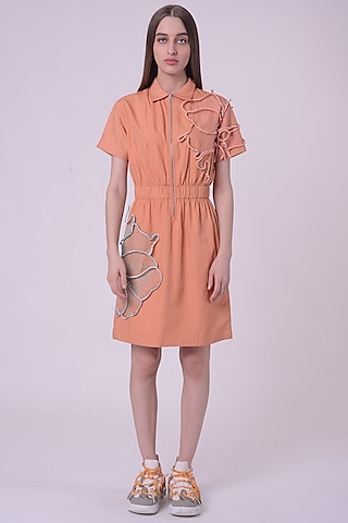 Orange Fuzz Giza Cotton Hand & Machine Embroidered Knee-Length Dress by Nitin Bal Chauhan