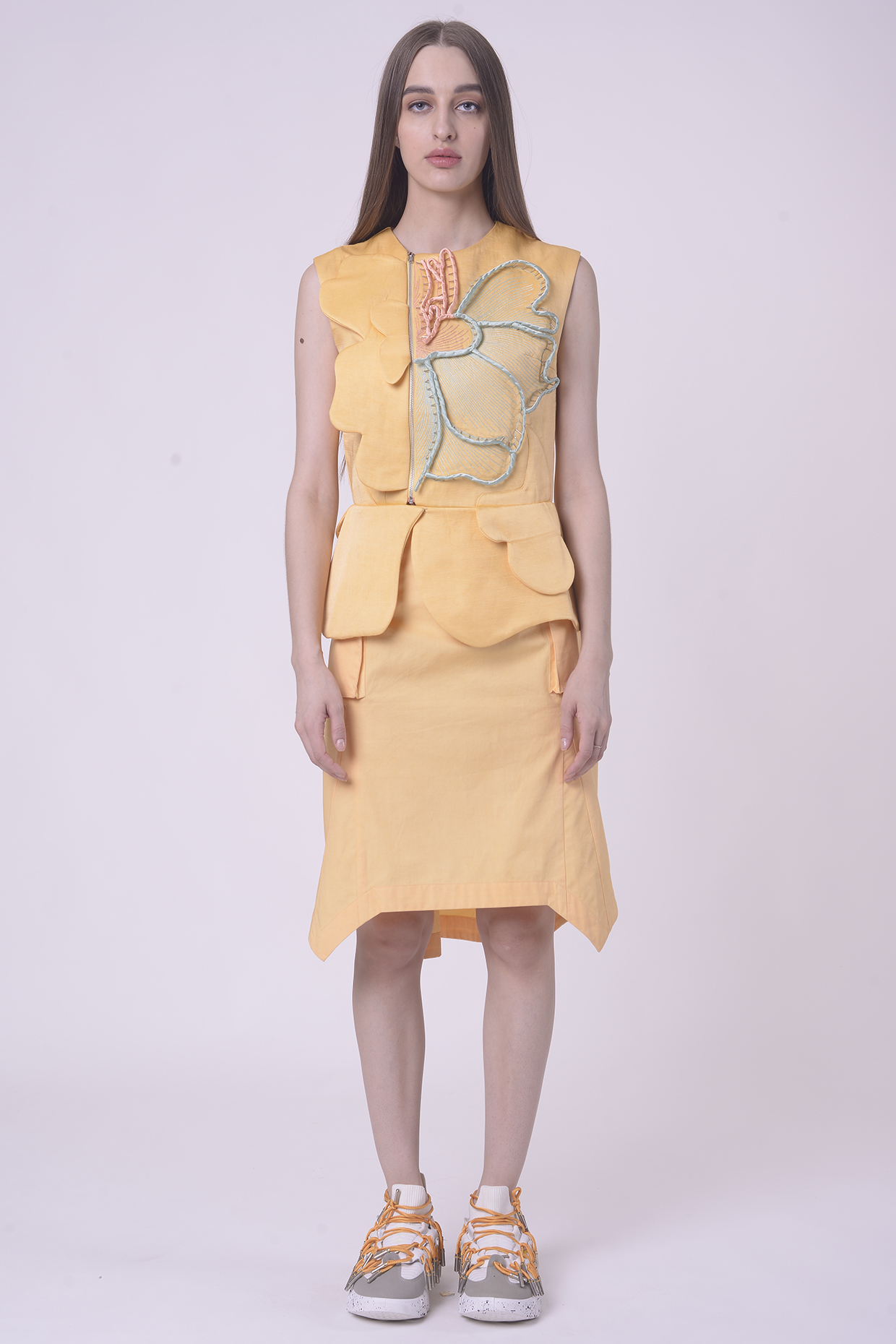 Lemon Fuzz Giza Cotton Hand & Machine Embroidered Peplum Top by Nitin Bal Chauhan at Pernia's Pop Up Shop