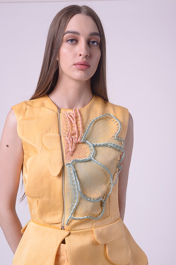 Lemon Fuzz Giza Cotton Hand & Machine Embroidered Peplum Top by Nitin Bal Chauhan at Pernia's Pop Up Shop