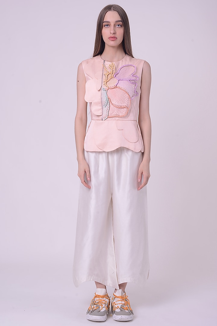 Peach Fuzz Giza Cotton Hand & Machine Embroidered Peplum Top by Nitin Bal Chauhan at Pernia's Pop Up Shop