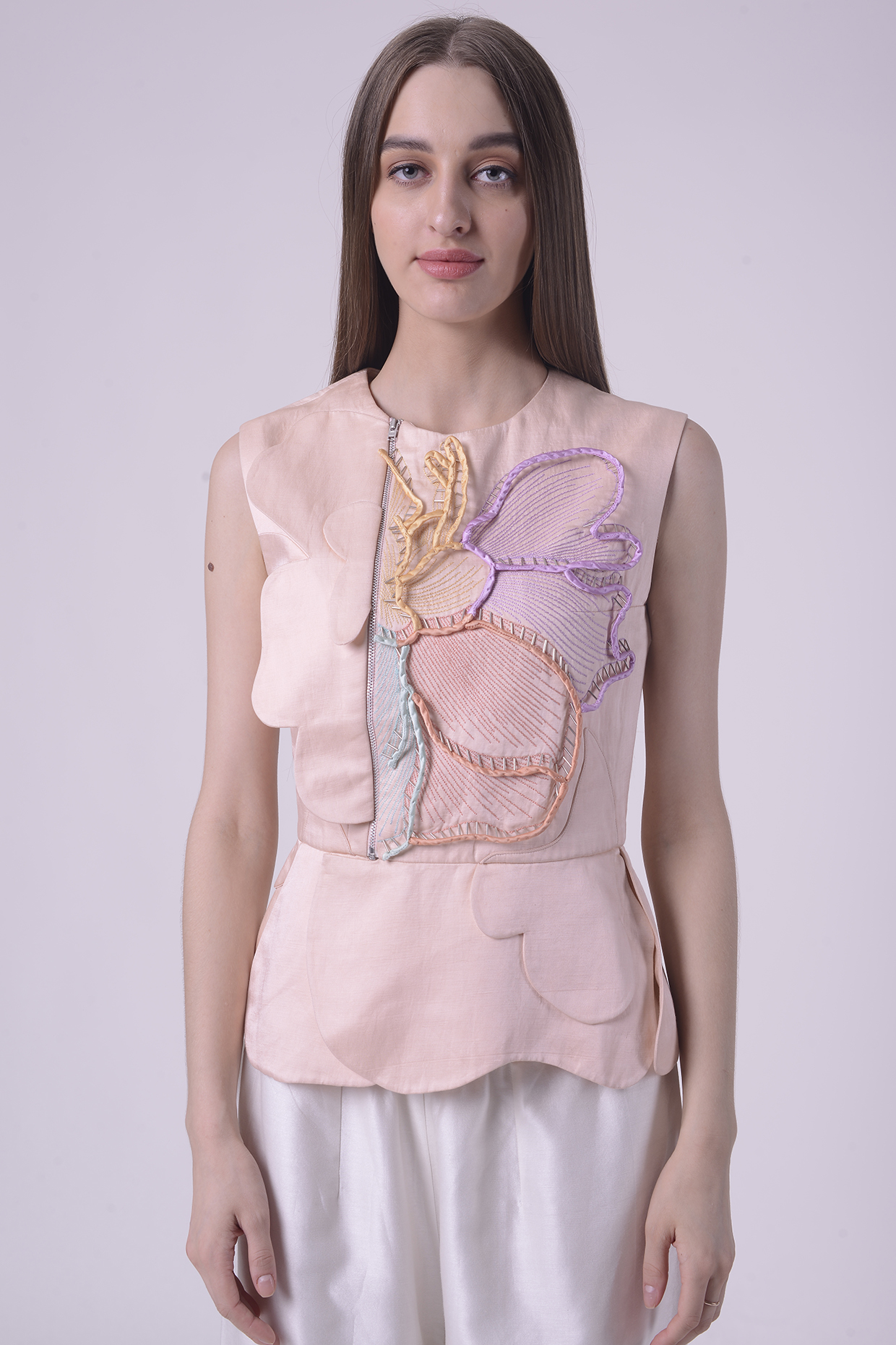 Peach Fuzz Giza Cotton Hand & Machine Embroidered Peplum Top by Nitin Bal Chauhan at Pernia's Pop Up Shop