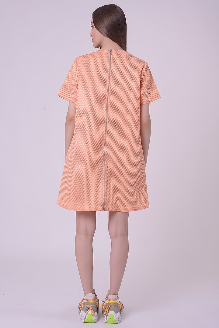 Peach Fuzz Scuba Fabric Hand & Machine Embroidered Mini Cocktail Dress by Nitin Bal Chauhan at Pernia's Pop Up Shop