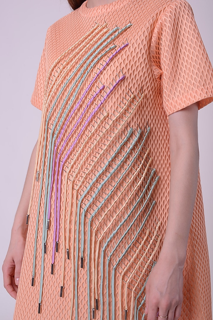 Peach Fuzz Scuba Fabric Hand & Machine Embroidered Mini Cocktail Dress by Nitin Bal Chauhan at Pernia's Pop Up Shop