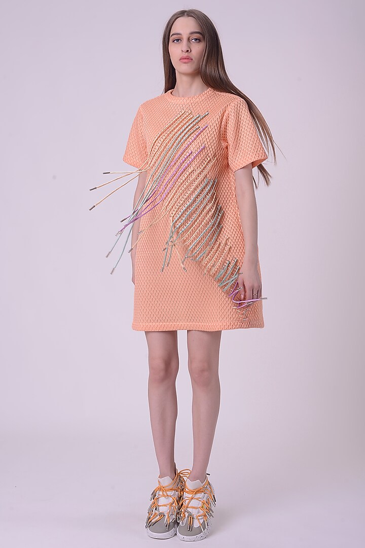 Peach Fuzz Scuba Fabric Hand & Machine Embroidered Mini Cocktail Dress by Nitin Bal Chauhan at Pernia's Pop Up Shop