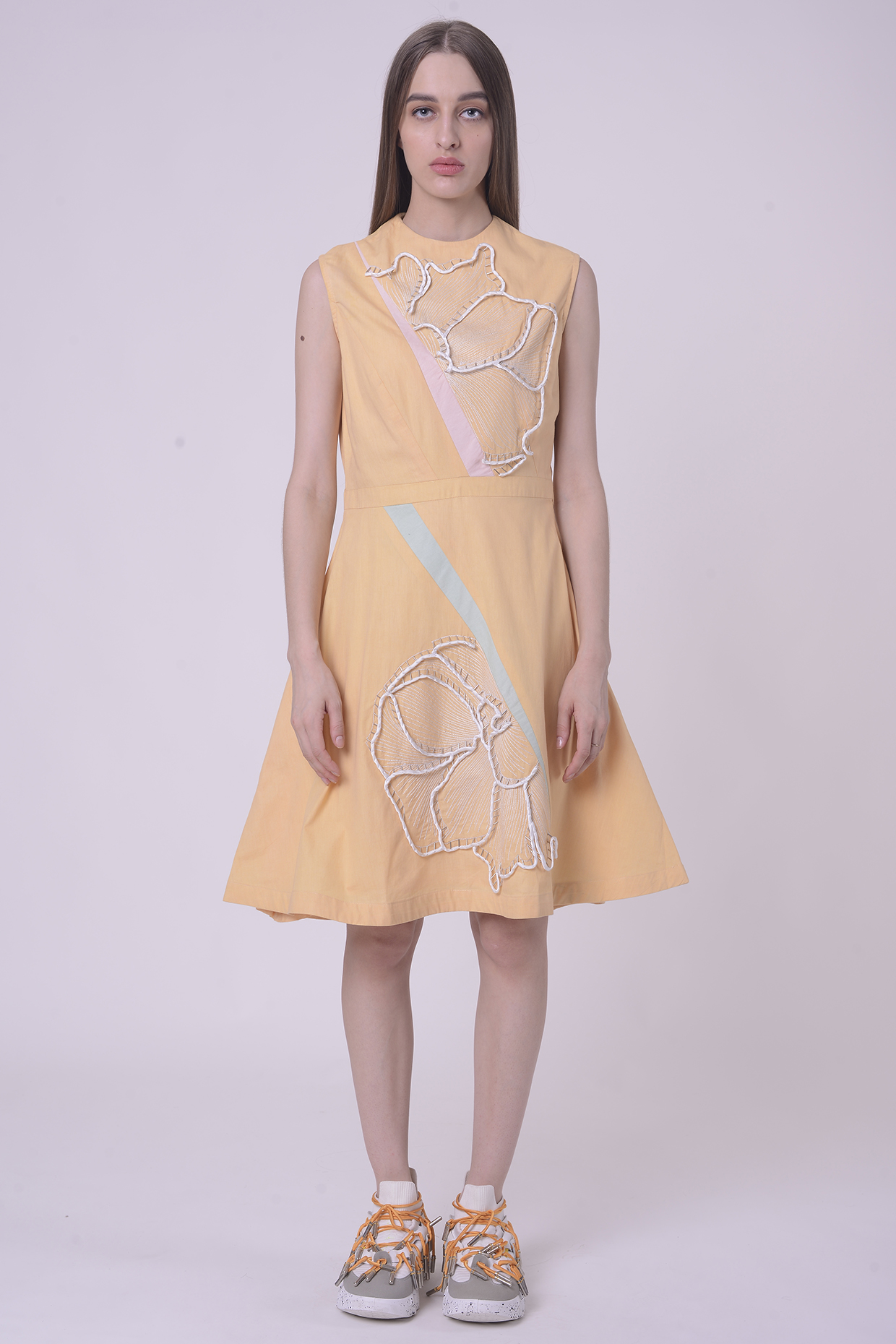 Lemon Fuzz Giza Cotton Hand & Machine Embroidered Knee-Length Vacation Dress by Nitin Bal Chauhan at Pernia's Pop Up Shop