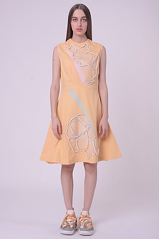 Lemon Fuzz Giza Cotton Hand & Machine Embroidered Knee-Length Dress by Nitin Bal Chauhan