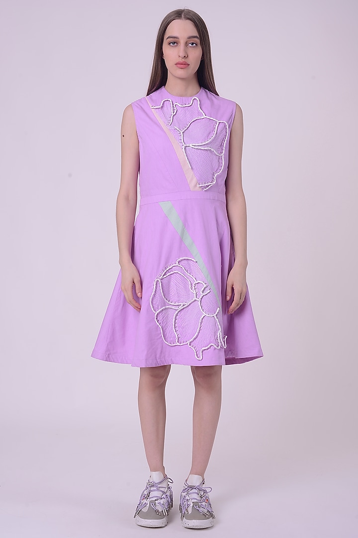 Lavender Fuzz Giza Cotton Hand & Machine Embroidered Knee-Length Vacation Dress by Nitin Bal Chauhan at Pernia's Pop Up Shop