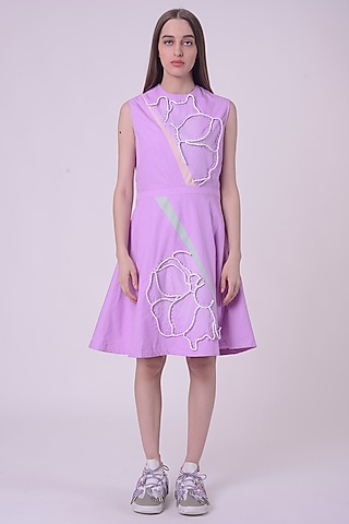 Lavender Fuzz Giza Cotton Hand & Machine Embroidered Knee-Length Dress by Nitin Bal Chauhan
