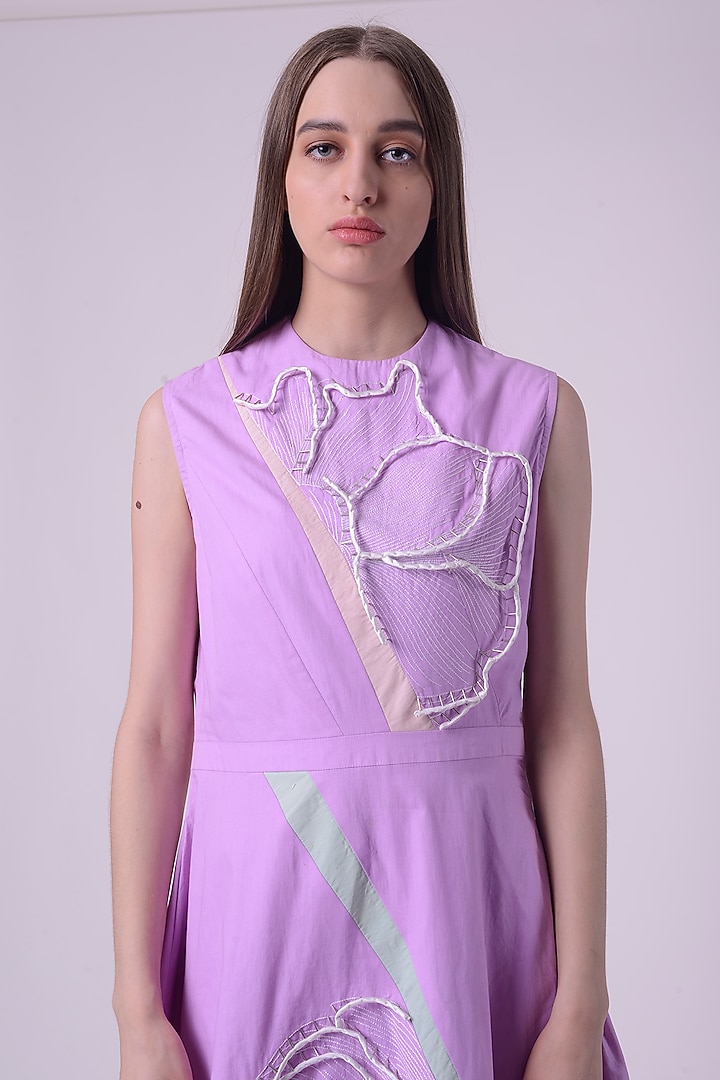 Lavender Fuzz Giza Cotton Hand & Machine Embroidered Knee-Length Vacation Dress by Nitin Bal Chauhan at Pernia's Pop Up Shop