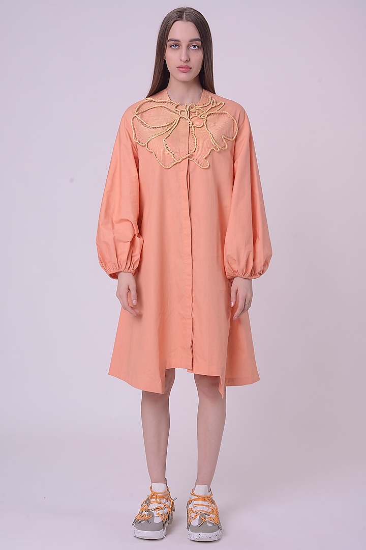 Orange Giza Cotton Hand & Machine Embroidered Knee-Length Vacation Dress by Nitin Bal Chauhan at Pernia's Pop Up Shop